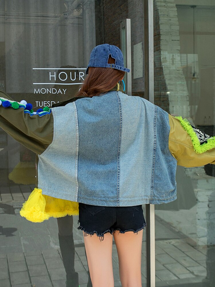 Street Style Embroidery Lace Spliced Contrast Color Irregular Jackets For Women