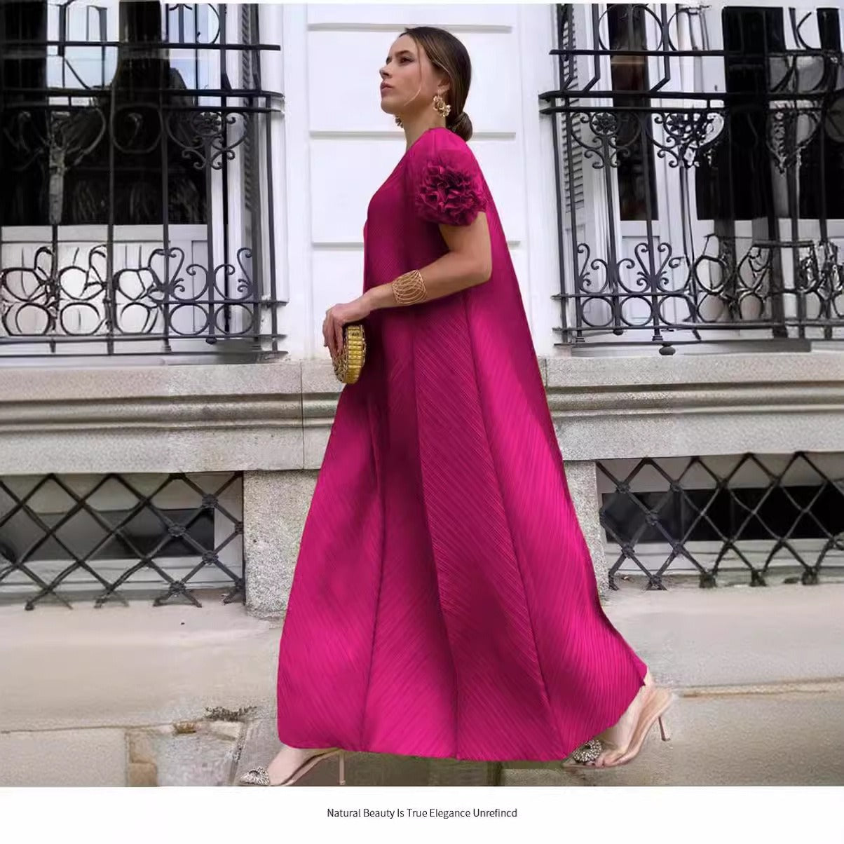 Fold plate flower heavy industry dress autumn long pleated women's clothing