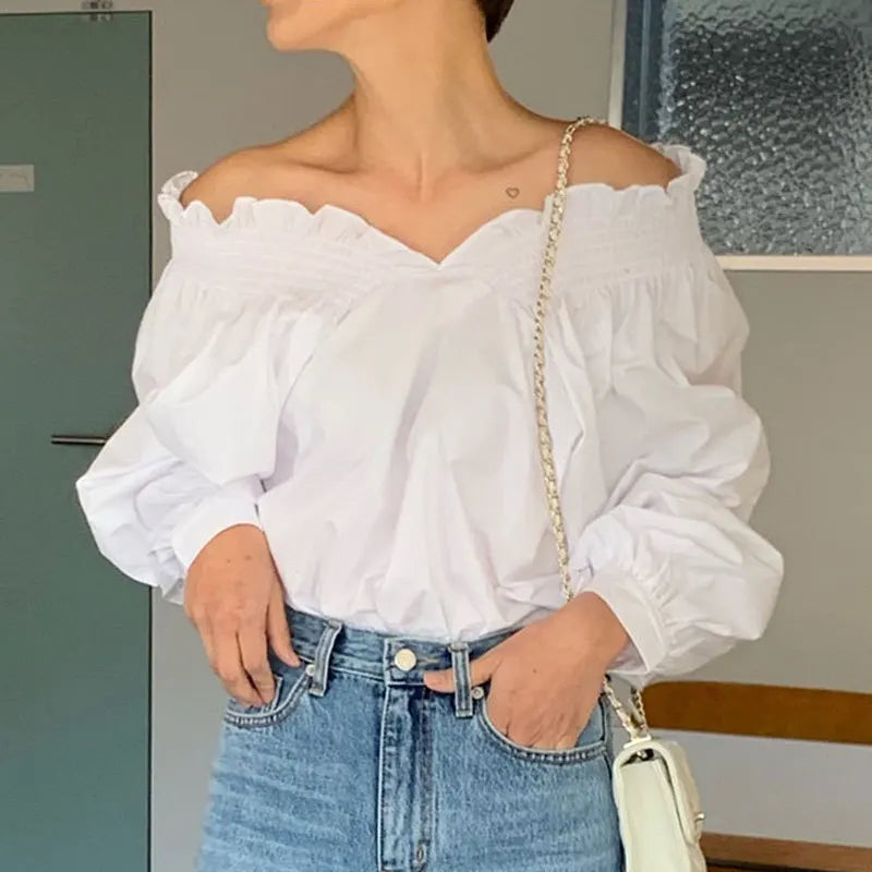 Spring Autumn Long Sleeved Solid Color Blouse Sexy Off Shoulder Lantern Sleeve Shirt for Women Elegant Office Tops Casual Shirts
