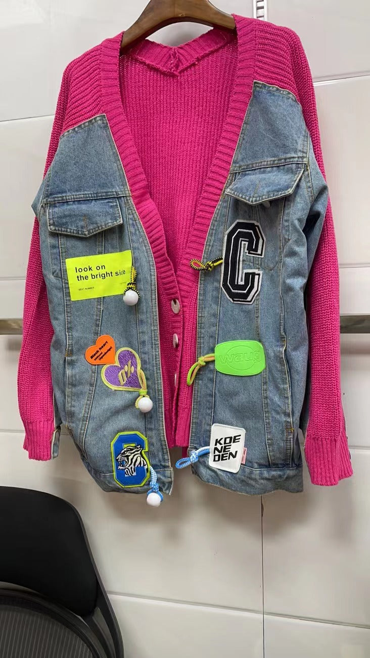 Korean Style Knitted Patchwork Denim Cropped Jacket 2023 Autumn WInter Fashion Elegant Cartoon Sticker Sweater Coat Outwear