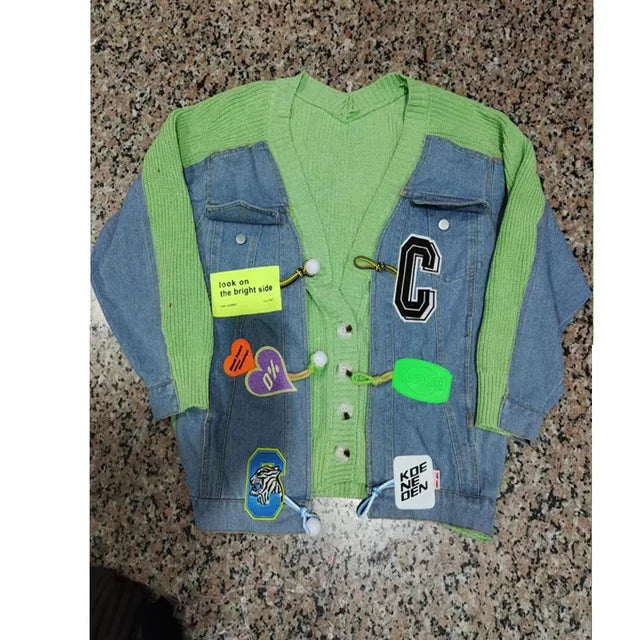Korean Style Knitted Patchwork Denim Cropped Jacket 2023 Autumn WInter Fashion Elegant Cartoon Sticker Sweater Coat Outwear