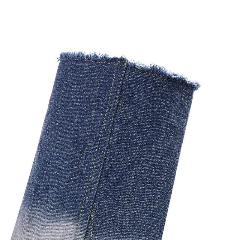Processing Time:7-15 days after placing orders European and American Denim Knee High Boots for Women's Four Season Thick High-heeled Color Matching Sleeve Skirt Boots