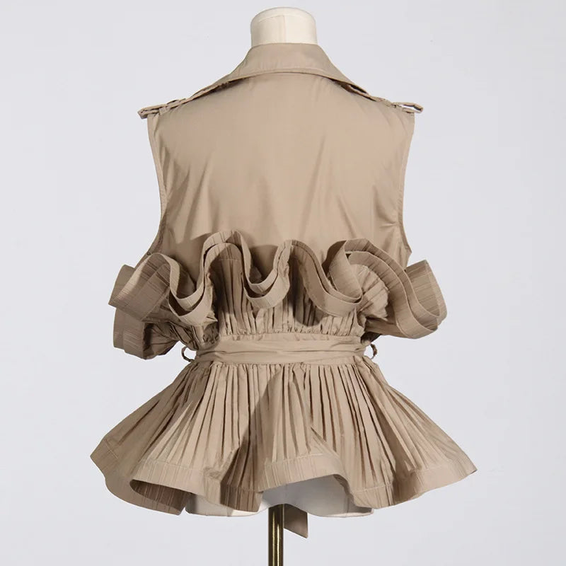 Spring Summer New Fashion Style Khaki V-neck Pleated Panel Design Sleeveless Lace Up Women's Shirt