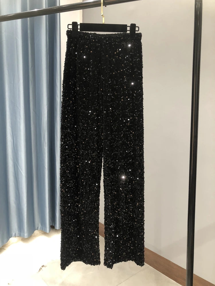 New Women Fashion Trendy Sparkling Gold Pants Relaxation of Tall Waist Wide-legged Female Trousers