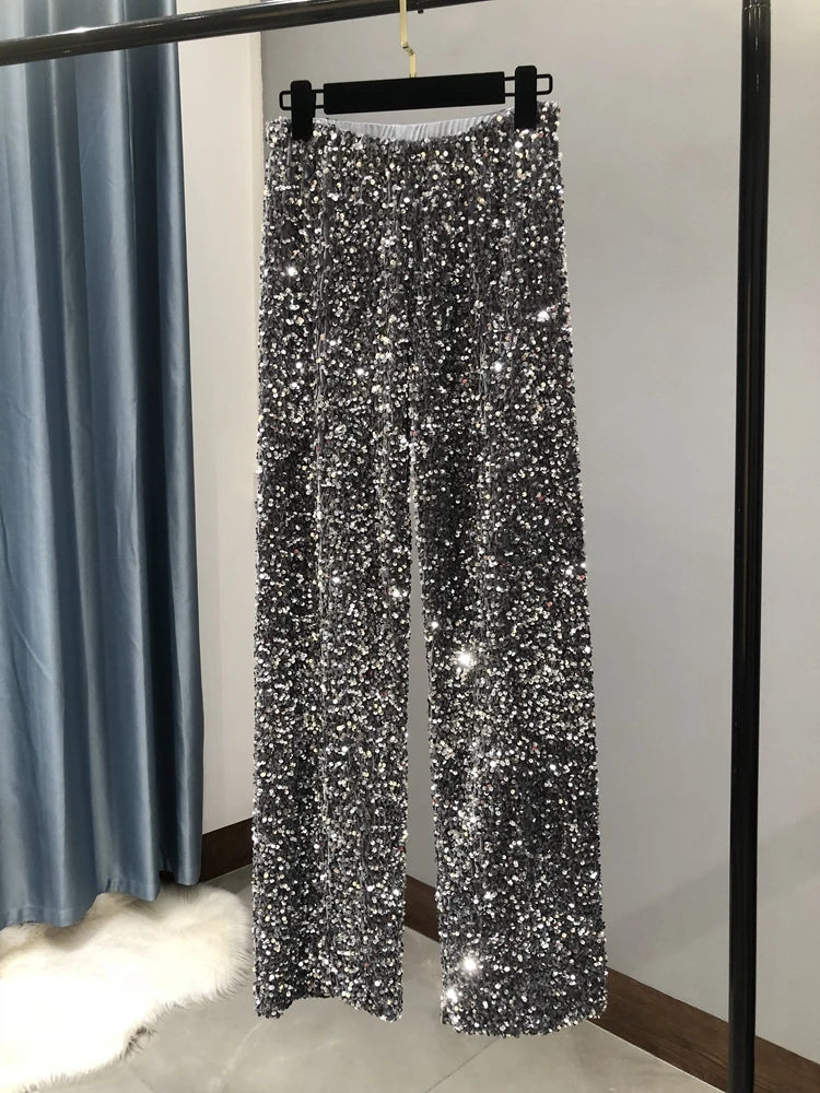 New Women Fashion Trendy Sparkling Gold Pants Relaxation of Tall Waist Wide-legged Female Trousers
