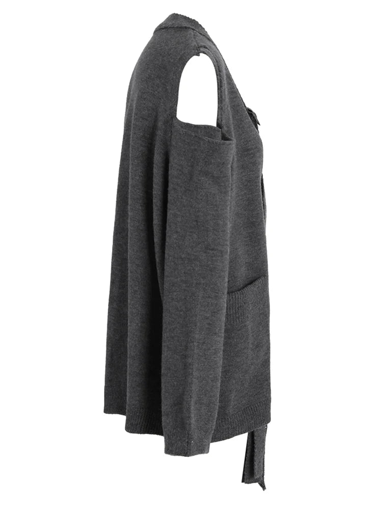 Gray Buckle Big Size Pocket Knitting Cardigan Sweater V-Neck Long Sleeve Women New Fashion Tide Spring Autumn