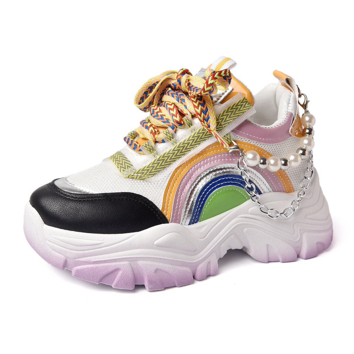 Lace Up Rainbow Colors Platform Pearls Chain Patchwork Fashion Girls Breathable Running Shoes