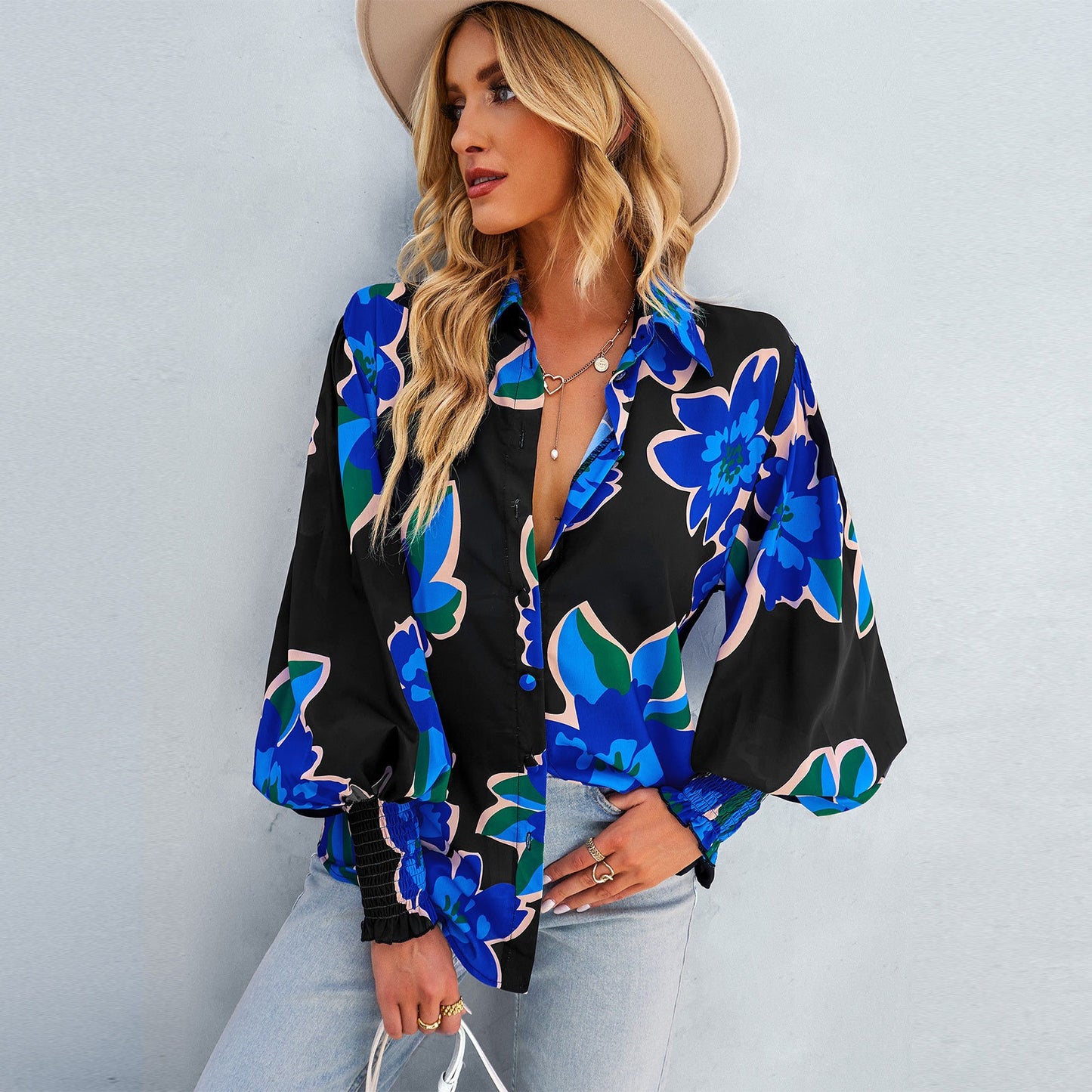 European and American women's autumn and winter temperament elegant long sleeved printed shirt top