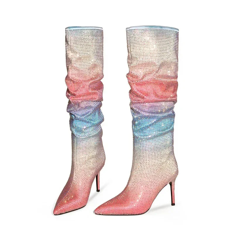 European and American Women's Gradient Rhinestone Boots, Fashionable Pleated Sleeve Boots, Slim High Heels, Large Boots
