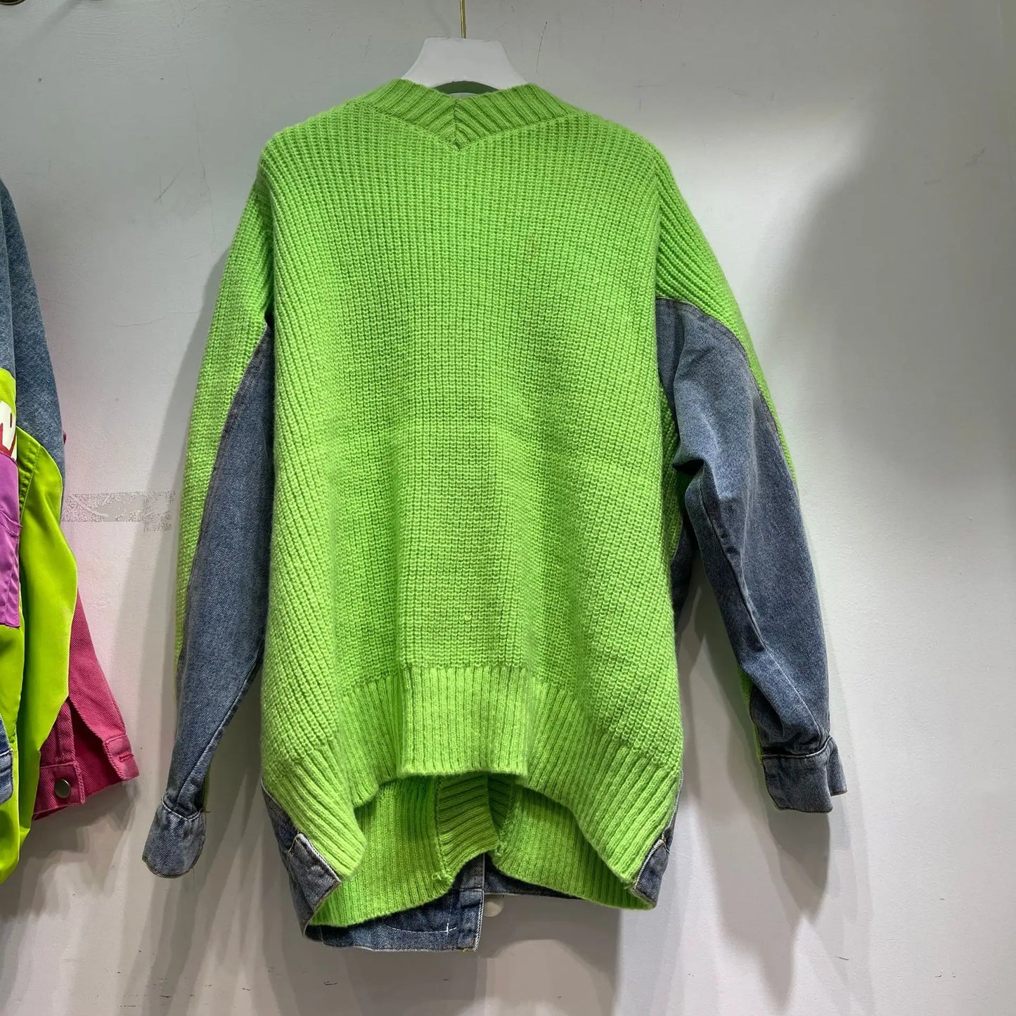 Korean Style Knitted Patchwork Denim Cropped Jacket 2023 Autumn WInter Fashion Elegant Cartoon Sticker Sweater Coat Outwear