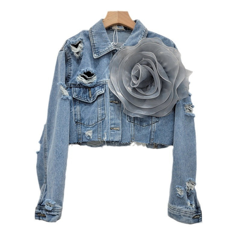 Three dimensional flower fashion tie dye pink personalized perforated pink stylish short denim jacket women's stylish jacket