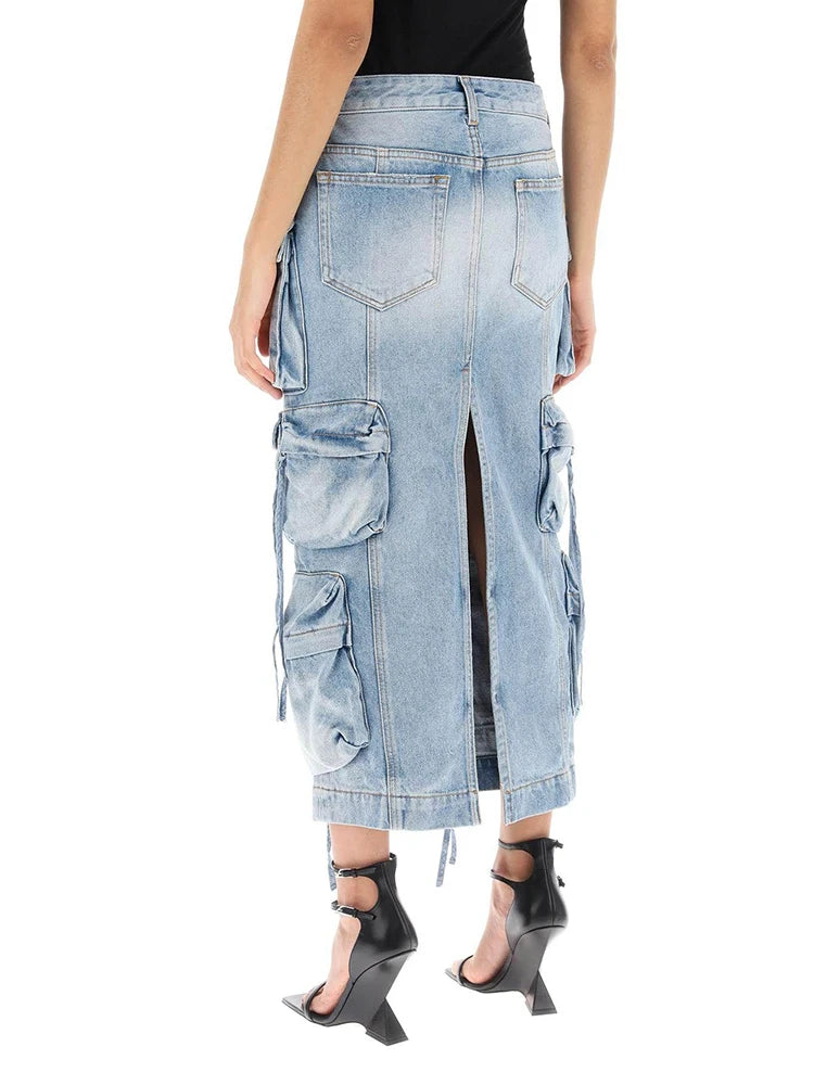 Solid Casual Loose Denim Skirt For Women High Waist Patchwork Pocket Designer Cargo Skirts Female Fashion New