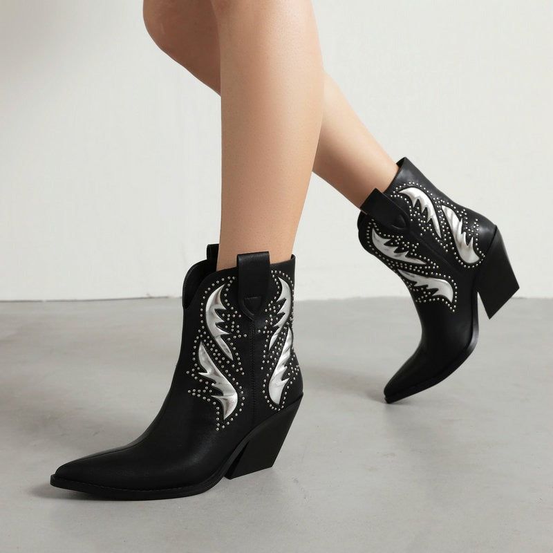 pointe Black Wedge Chelsea Boots Thick Heel Lacquer Elastic Boots Riveted Car Stitch Denim Boots