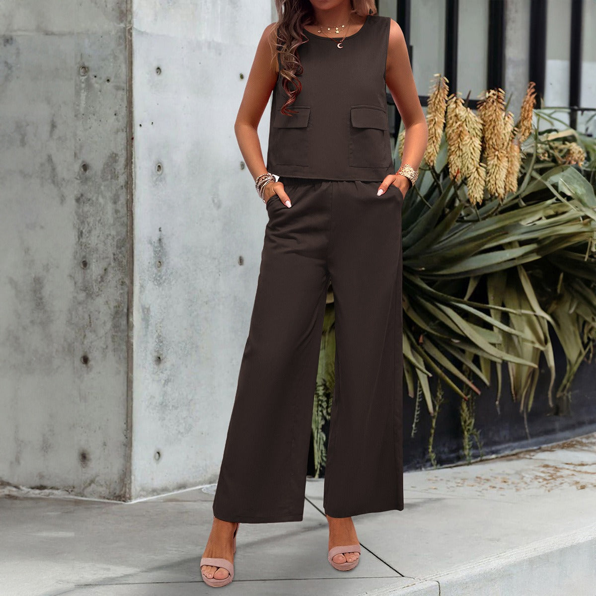 Spring/Summer Casual Solid Color Top Wide Leg Pants Set for Women