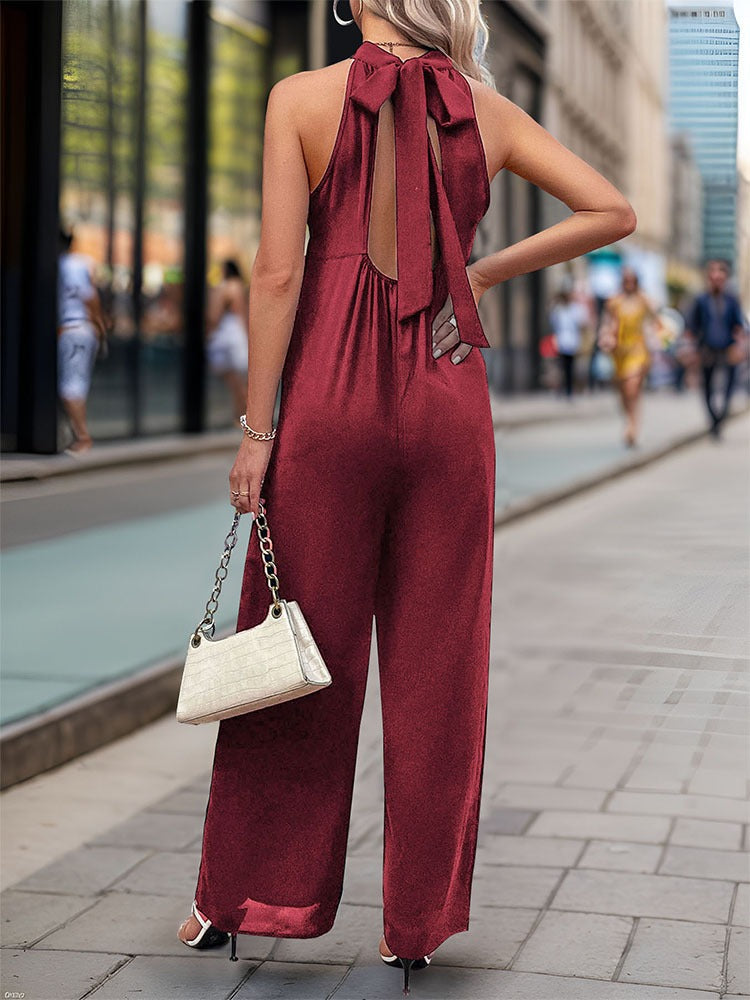 New European and American summer women's hanging neck solid color straight leg jumpsuit