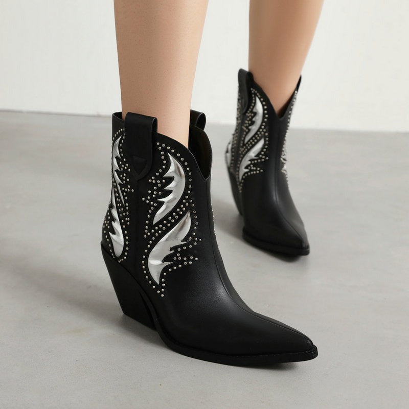 pointe Black Wedge Chelsea Boots Thick Heel Lacquer Elastic Boots Riveted Car Stitch Denim Boots