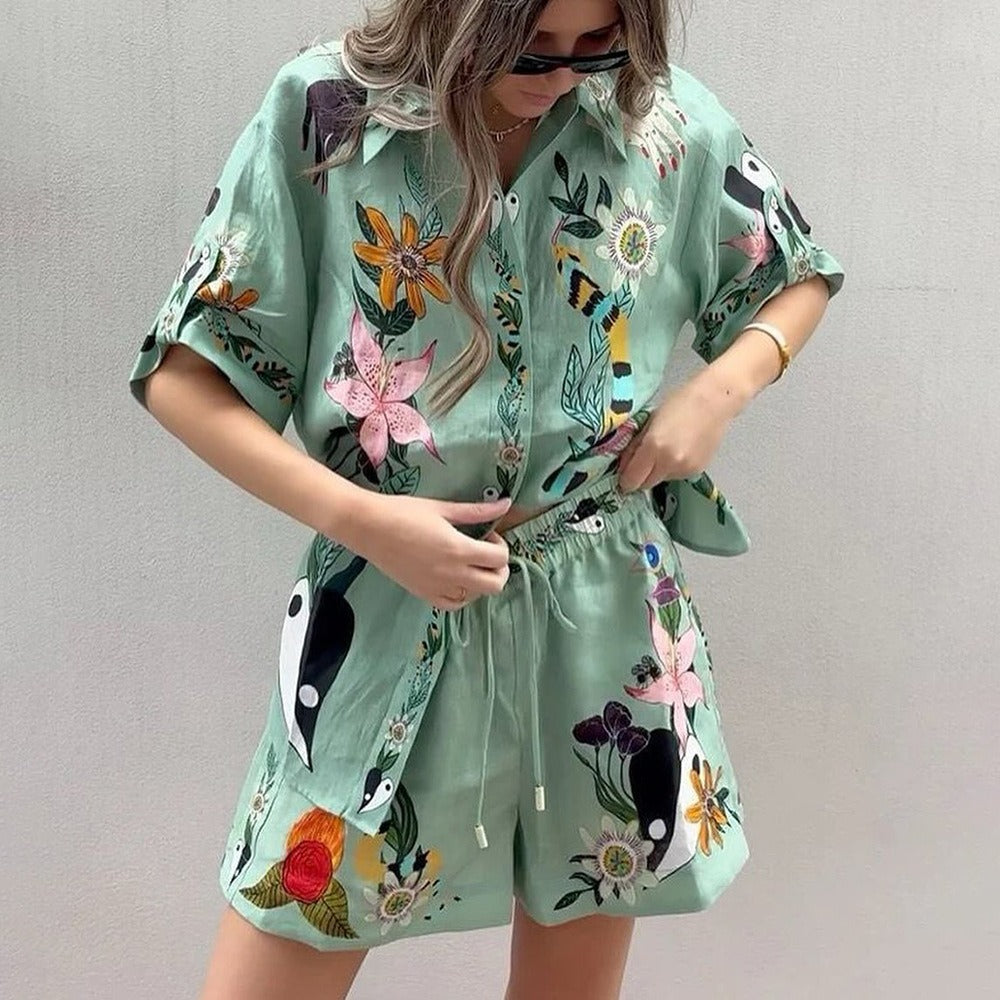 Women's hot fashion casual lapel shirt shorts loose print set two-piece set for summer women