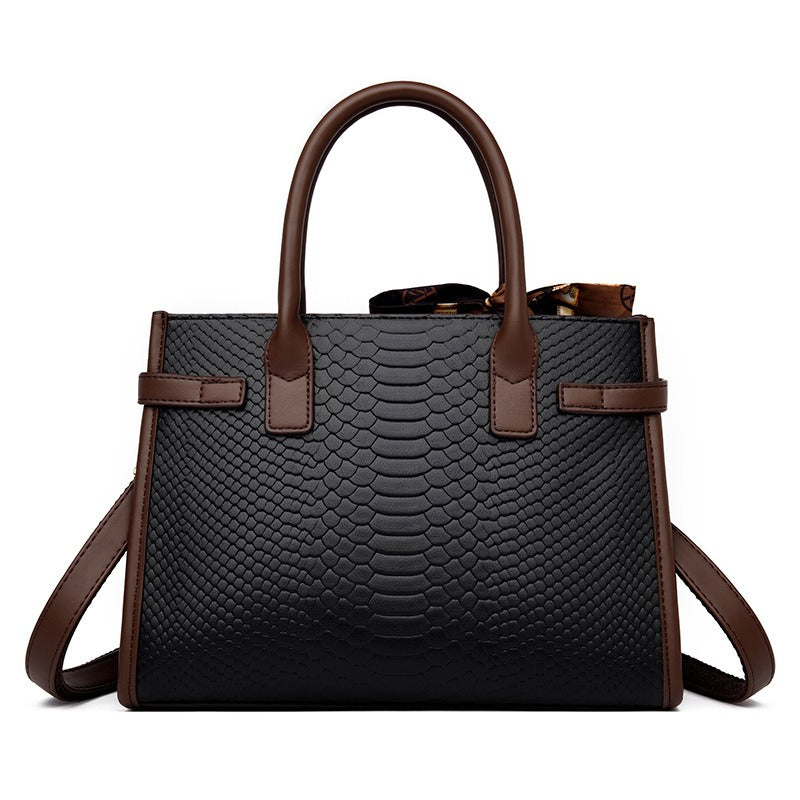 Commuting style women's bag genuine leather embossed snakeskin pattern contrasting color briefcase for women