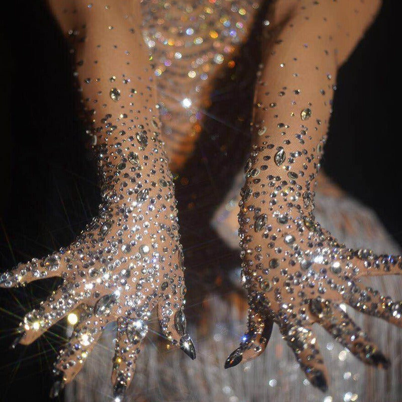 Crystal mesh gathering dance long gloves with sparkling rhinestones