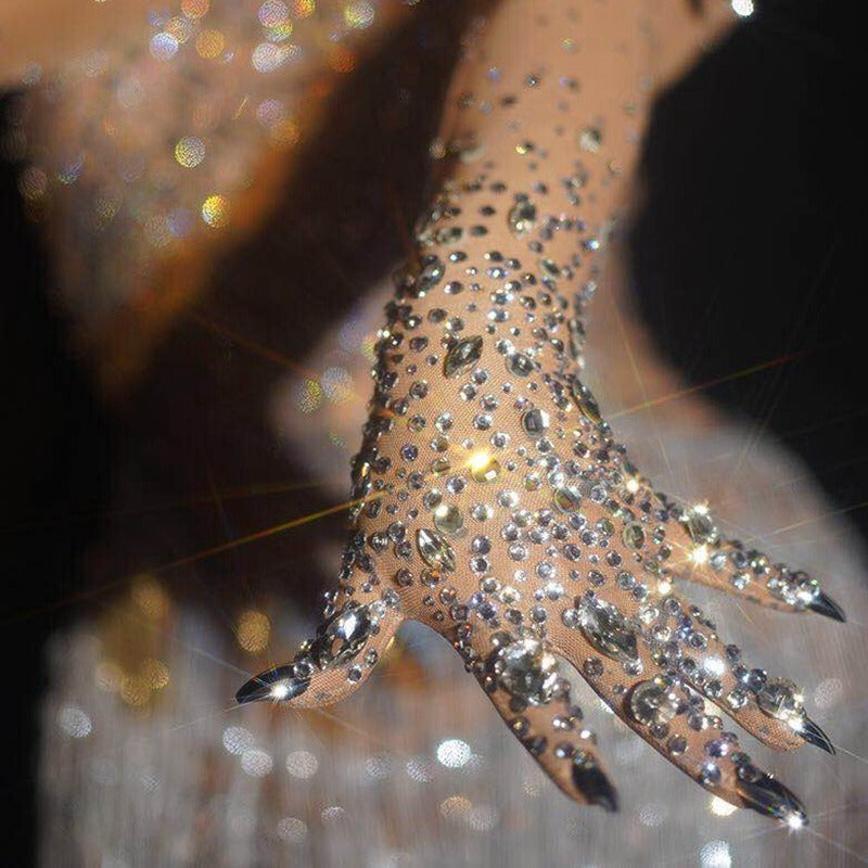 Crystal mesh gathering dance long gloves with sparkling rhinestones