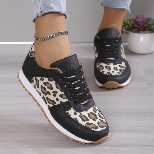 Thick-soled leopard print lace-up casual sports shoes for women low-top running shoes