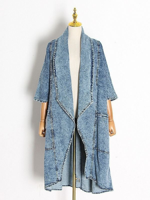 Cardigan denim trench coat for women's fashion lapel bat sleeve loose jacket for women's fashion