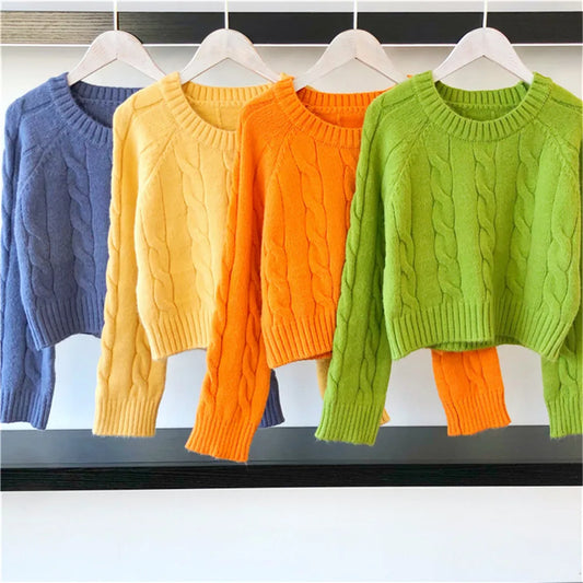 Autumn New Long Sleeve Short Knitwear Winter Women Jumper Green Korean Solid Casual Loose Warm Knitted Pullovers Women