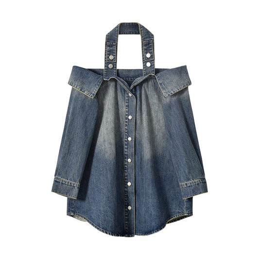 Early Spring New Modern Retro Dark Tone Wash Blue Hanging Neck Buckle Off Shoulder Loose Denim Shirt for Women