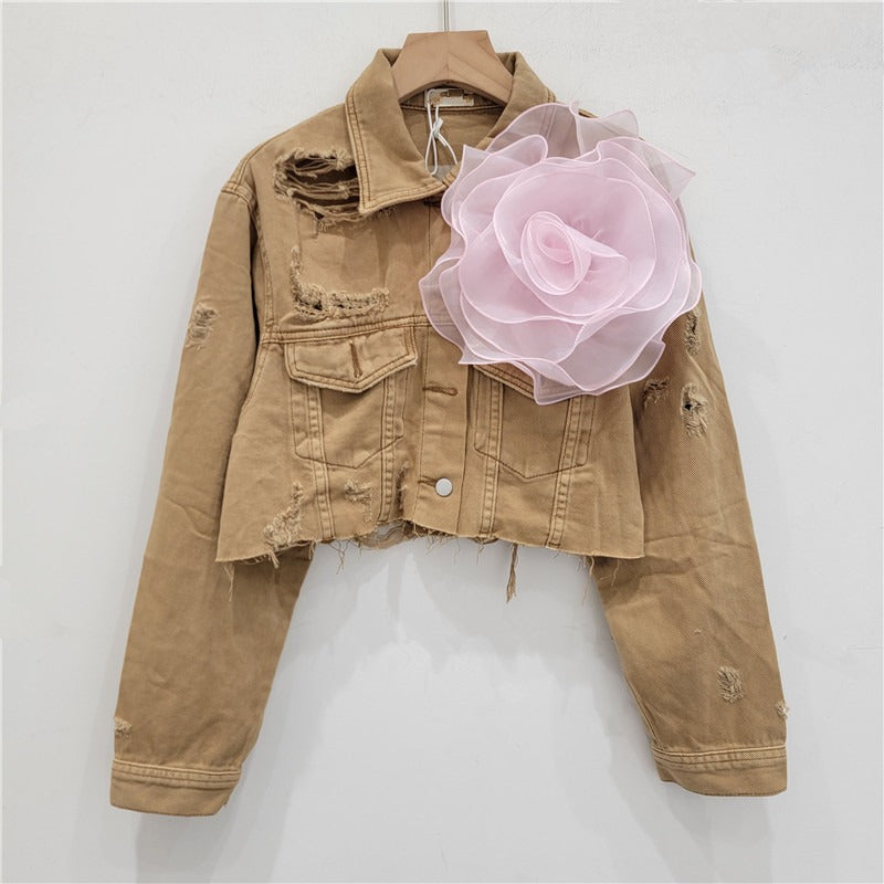 Three dimensional flower fashion tie dye pink personalized perforated pink stylish short denim jacket women's stylish jacket