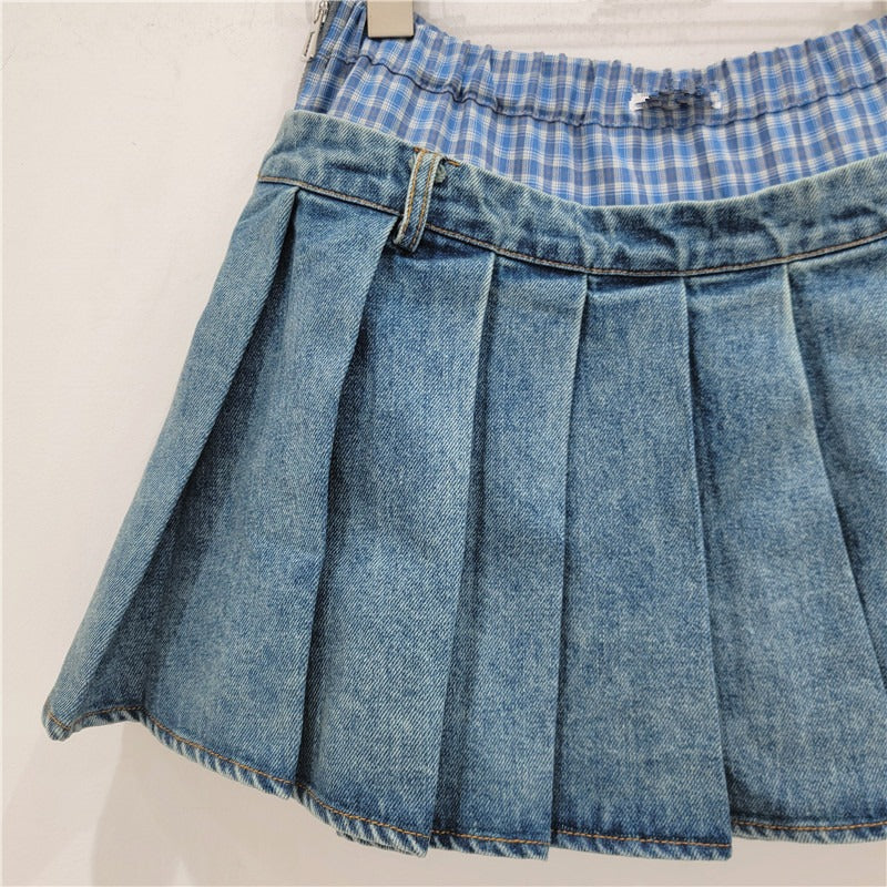 Design sense, contrasting color splicing, spicy girl denim pleated skirt, women's high waisted A-line short skirt