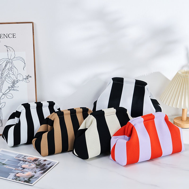 Fashionable and versatile new knitted clutch bag, striped contrasting color cloud bag, large capacity storage bag