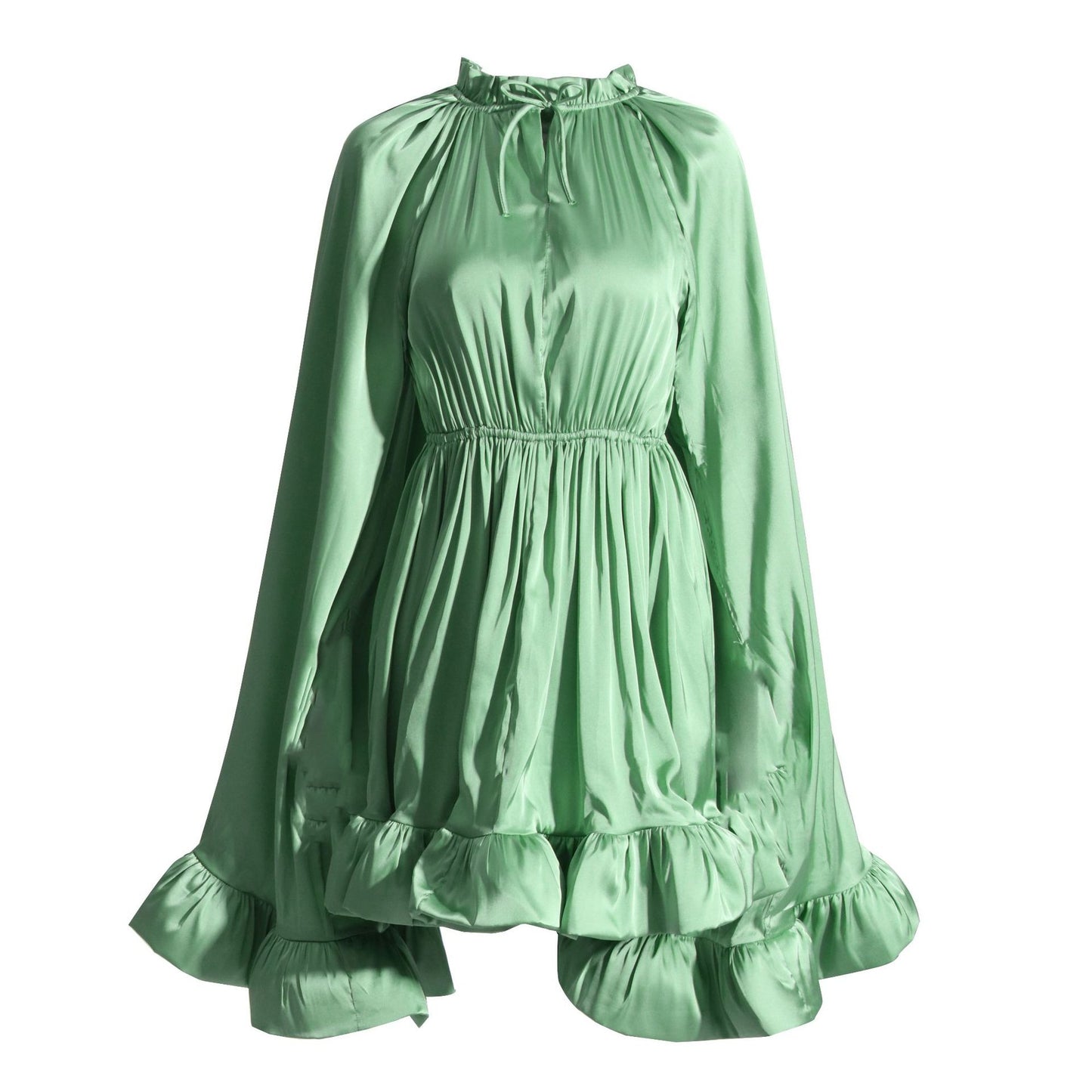 Solid color women's dress with a wooden ear collar cape and a waist cinched ruffle edge