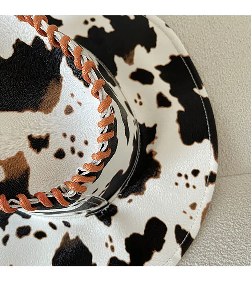 Hot Girl Fashion PU Leather Cow Dot Hat Pattern Panama Jazz Hat Western Cowboy Hat Lady Cute Retro Vacation Men Women Casual Cap