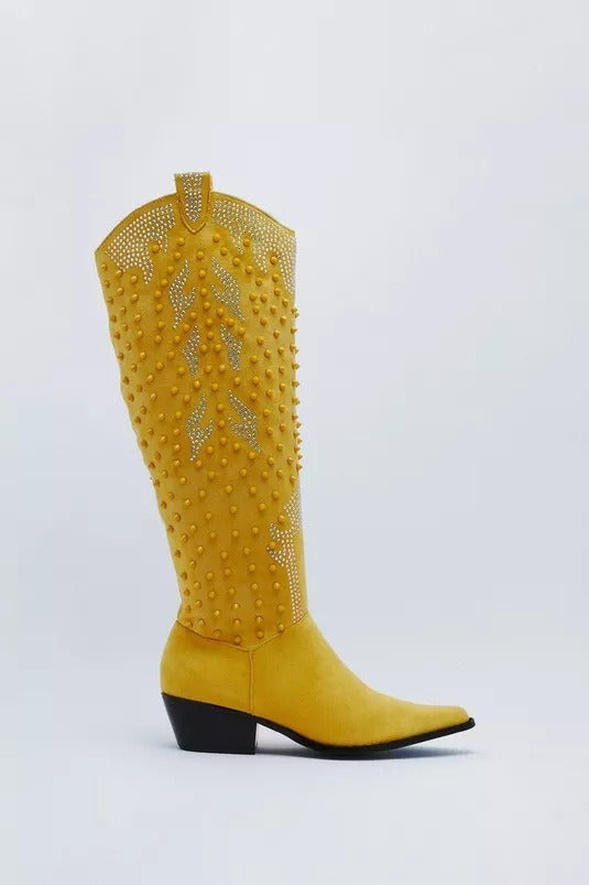 Faux Suede Studded Boots Pointed Toe Wedge Heels Knee High Boots Rhinestone Cowboy Boots Banquet Shoes