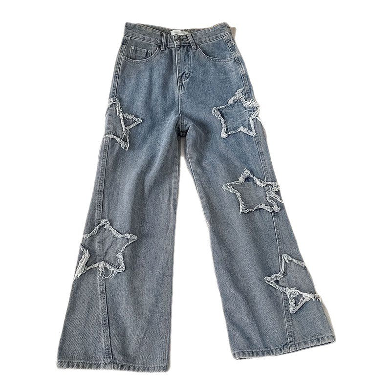 Straight tube star jeans, women's high waisted loose wide leg pants