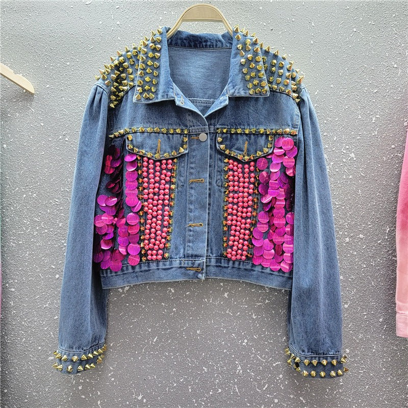 Heavy industry diamond studded sequined puff sleeve short denim jacket for women