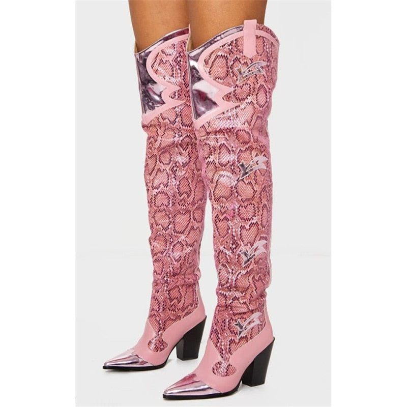 Women's Over-the-knee Boots Winter Pointed Toe Crude Heel Slip-on Botas Mujer Fashion Pink Snake Skin Hand-made Sexy Shoes