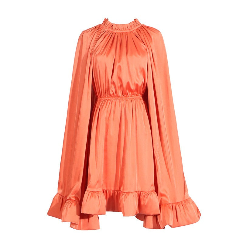 Solid color women's dress with a wooden ear collar cape and a waist cinched ruffle edge