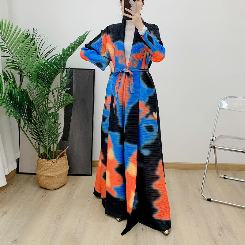 Pleated printed cardigan dress robe fashionable versatile coat loose retro mid-length skirt