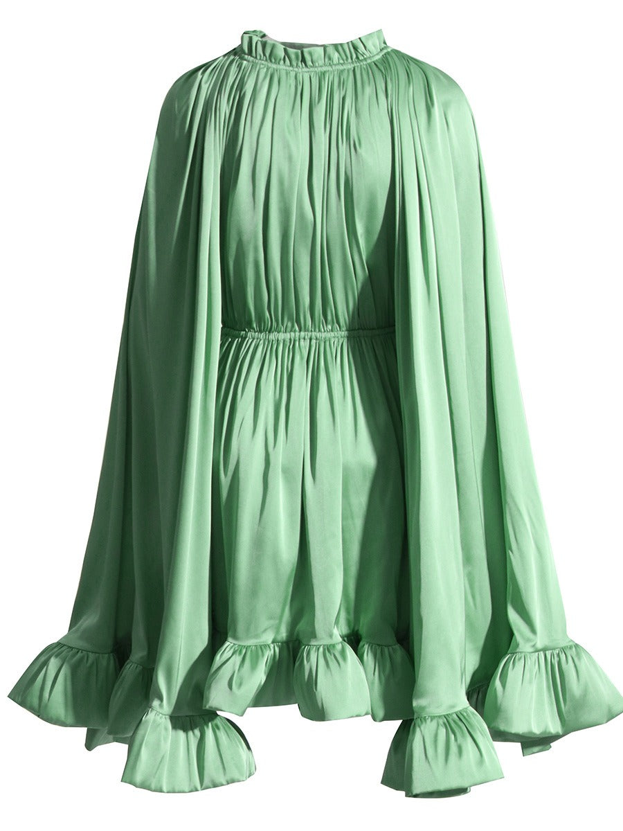 Solid color women's dress with a wooden ear collar cape and a waist cinched ruffle edge