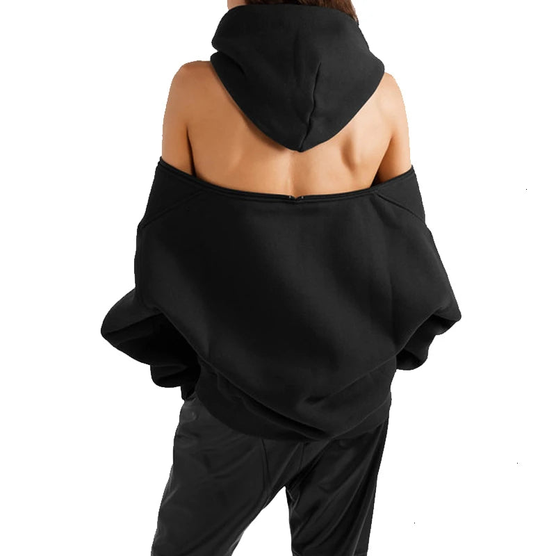 Black Women's Sweatshirts Hooded Long Sleeve Zipper Backless Off Shoulder Sweatshirt Spring Fashion Clothes New