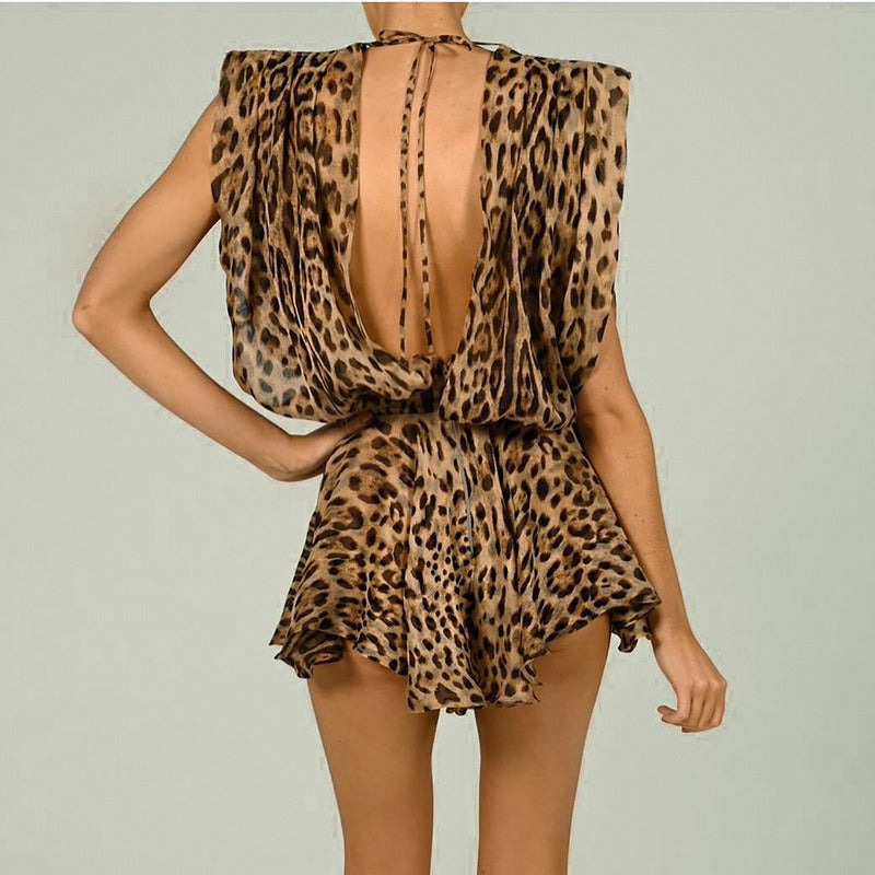 Leopard print sleeveless low cut sexy strap dress