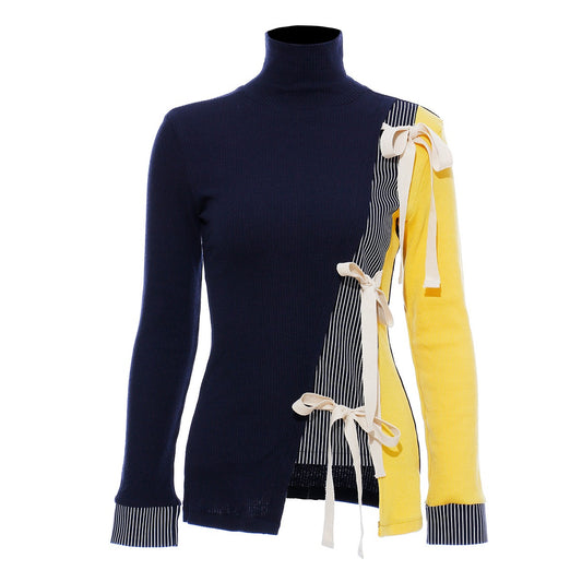 Irregular color blocking, lace up, hollowed out high neck knitted sweater, sweater