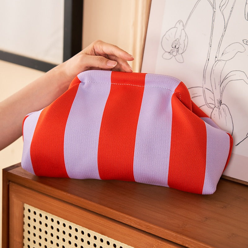 Fashionable and versatile new knitted clutch bag, striped contrasting color cloud bag, large capacity storage bag