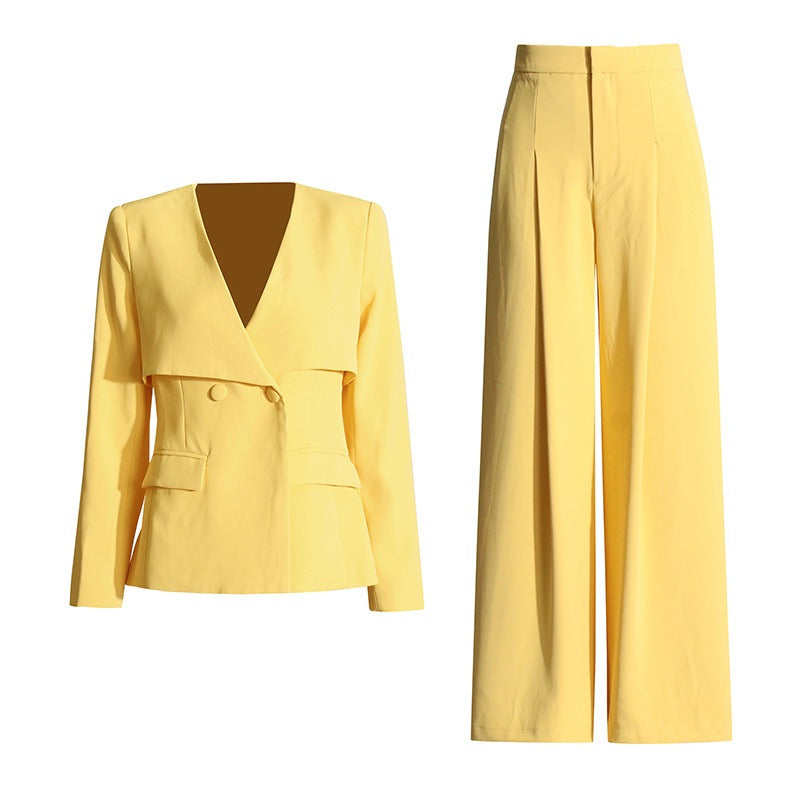 New V-neck waist slimming suit+high waisted pleated wide leg pants set