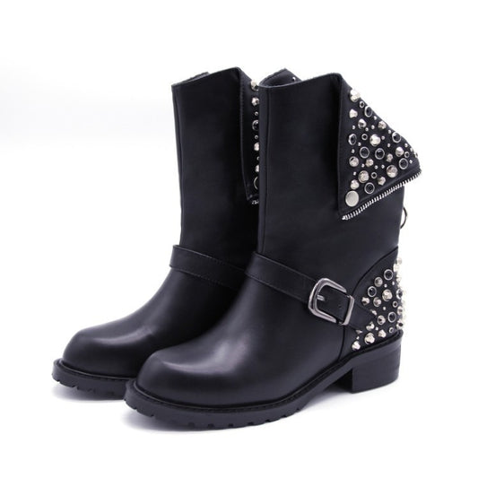 Rivet punk women's leather boots and shoes