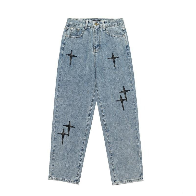 Vintage cross patch embroidered blue jeans China-Chic hip-hop high street loose straight trousers