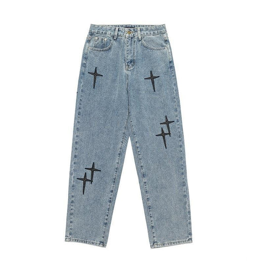 Vintage cross patch embroidered blue jeans China-Chic hip-hop high street loose straight trousers