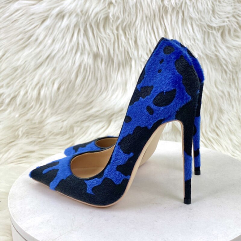 Tikicup Blue Cow Women Hairy Flock Pointy Toe High Heel Shoes Comfortable Elegant Ladies Formal Dress Slip On Stiletto Pumps