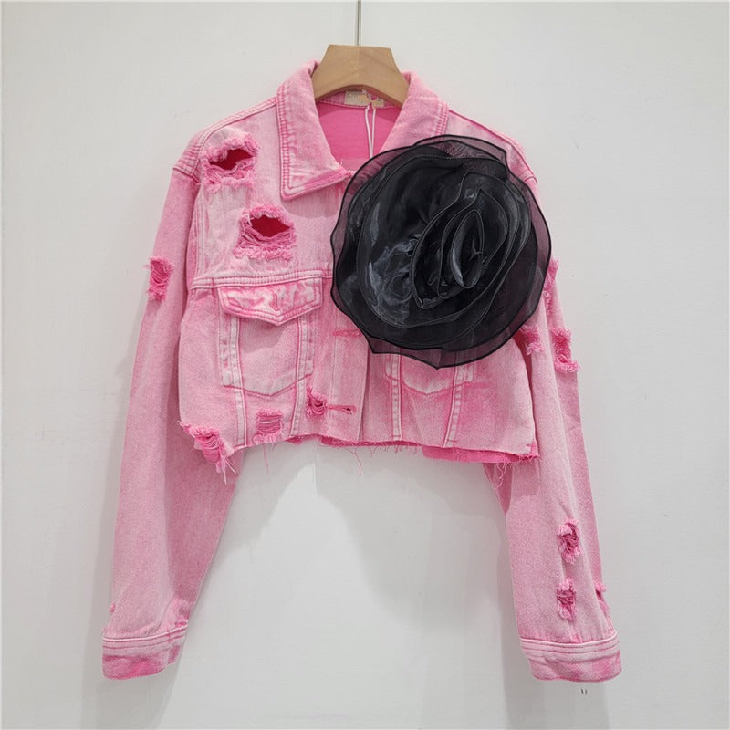 Three dimensional flower fashion tie dye pink personalized perforated pink stylish short denim jacket women's stylish jacket